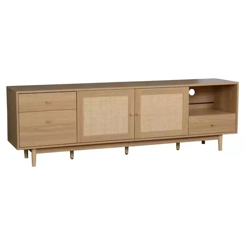 Meuble TV bohème pour téléviseurs jusqu'à 85 pouces, Console multimédia, Meuble TV avec portes en rotin, Marron