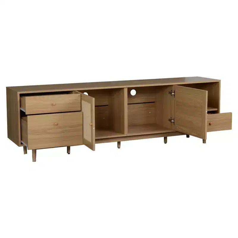 Meuble TV bohème pour téléviseurs jusqu'à 85 pouces, Console multimédia, Meuble TV avec portes en rotin, Marron