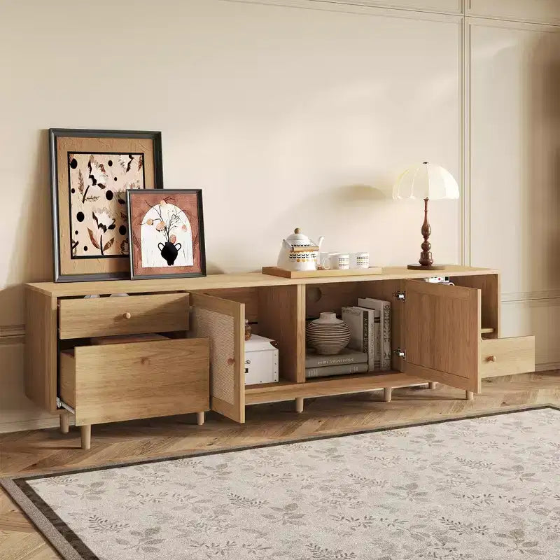 Meuble TV bohème pour téléviseurs jusqu'à 85 pouces, Console multimédia, Meuble TV avec portes en rotin, Marron