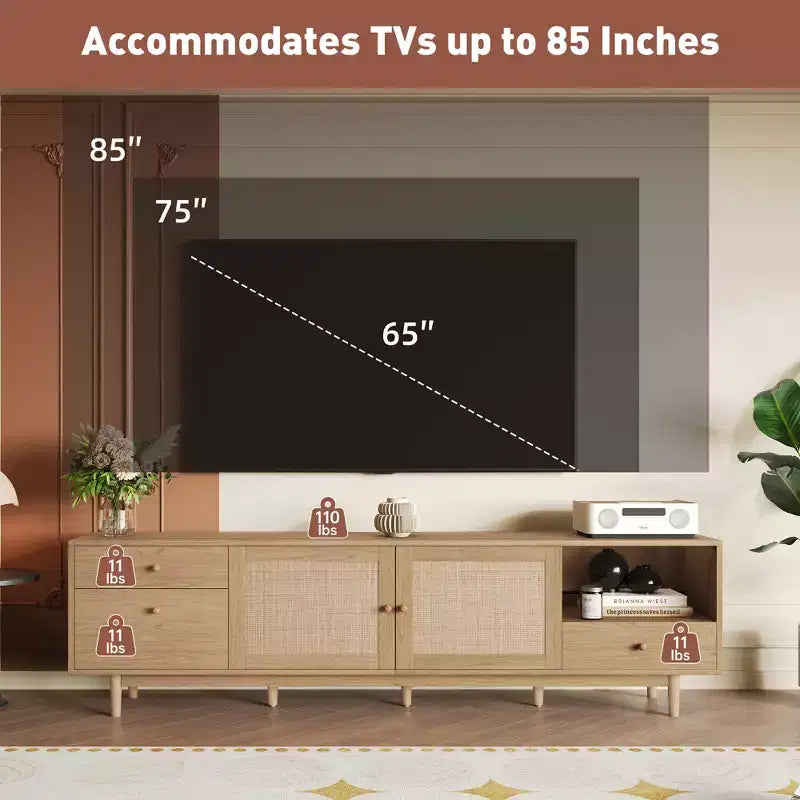 Meuble TV bohème pour téléviseurs jusqu'à 85 pouces, Console multimédia, Meuble TV avec portes en rotin, Marron