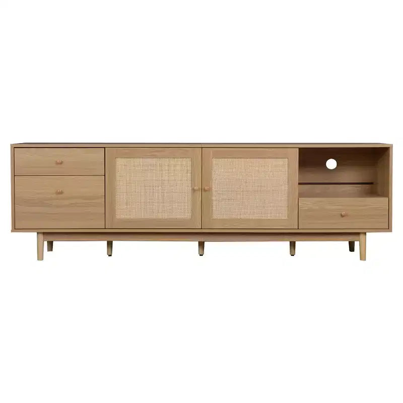 Meuble TV bohème pour téléviseurs jusqu'à 85 pouces, Console multimédia, Meuble TV avec portes en rotin, Marron