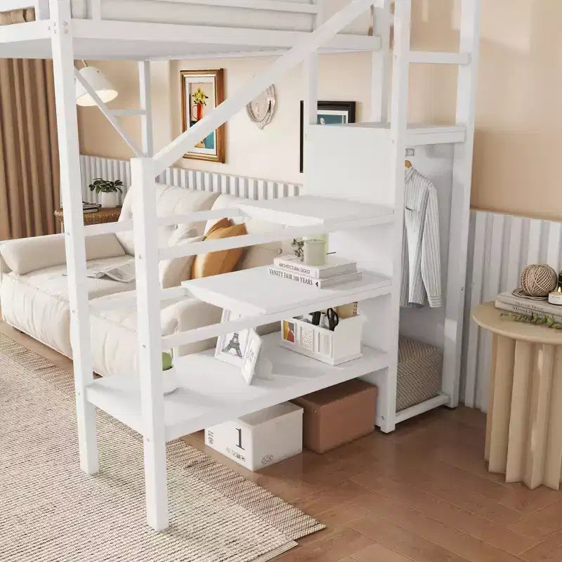 Lit mezzanine 94 po simple avec armoire, lit simple avec étagères de rangement et panier, cadres de lit pour chambre à coucher, dortoir