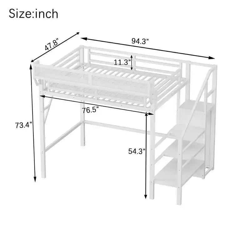 Lit mezzanine 94 po simple avec armoire, lit simple avec étagères de rangement et panier, cadres de lit pour chambre à coucher, dortoir