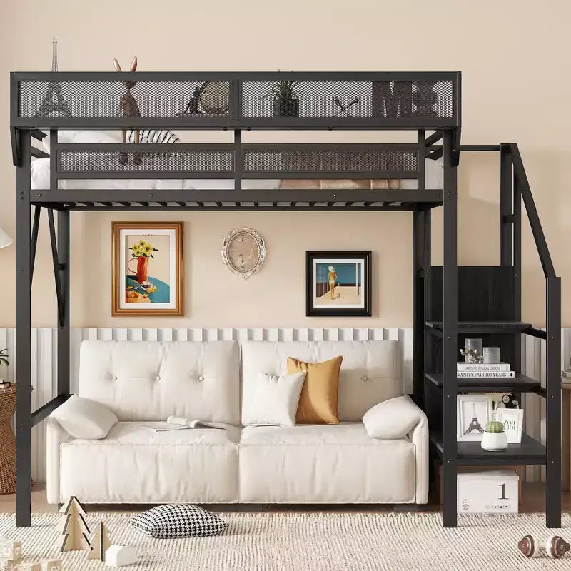 Lit mezzanine 94 po simple avec armoire, lit simple avec étagères de rangement et panier, cadres de lit pour chambre à coucher, dortoir