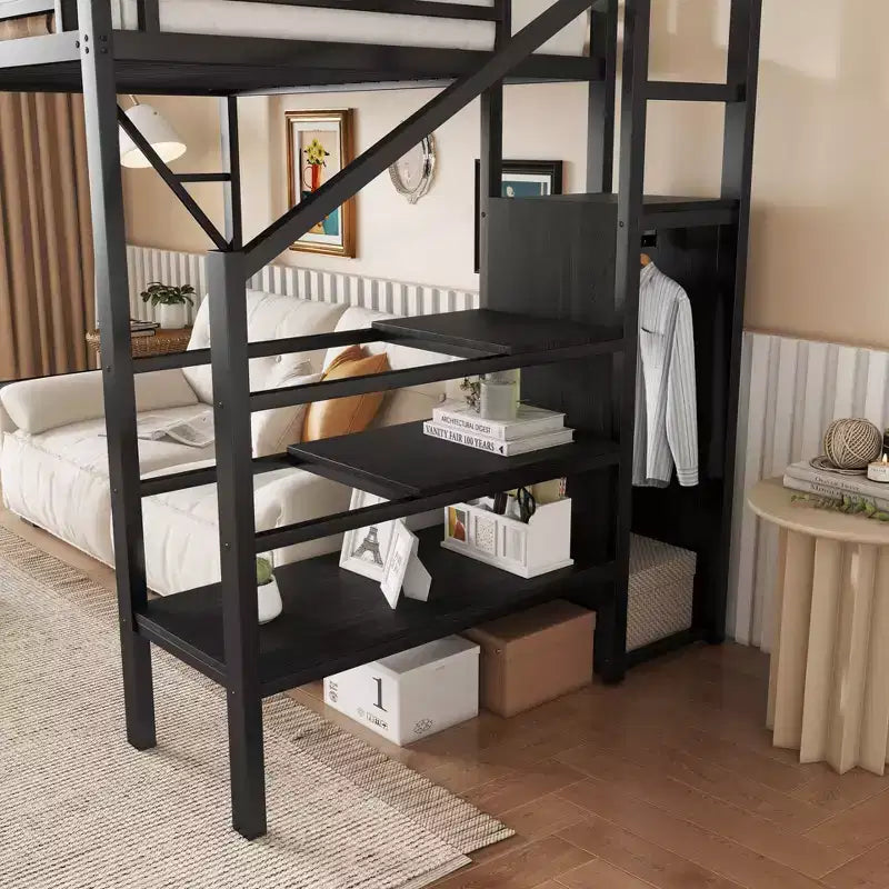 Lit mezzanine 94 po simple avec armoire, lit simple avec étagères de rangement et panier, cadres de lit pour chambre à coucher, dortoir