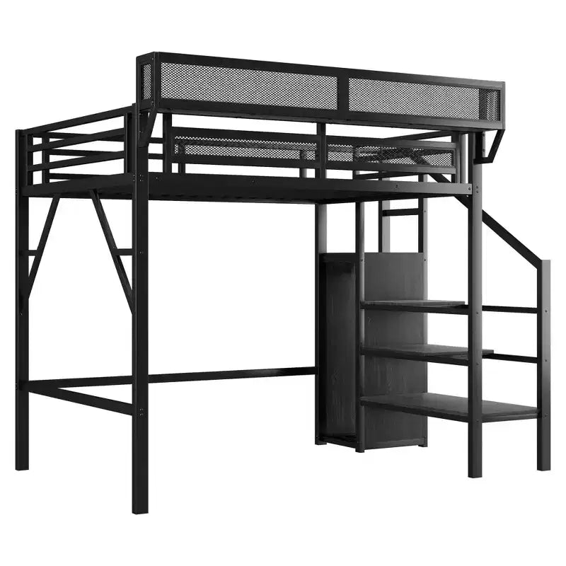 Lit mezzanine 94 po simple avec armoire, lit simple avec étagères de rangement et panier, cadres de lit pour chambre à coucher, dortoir