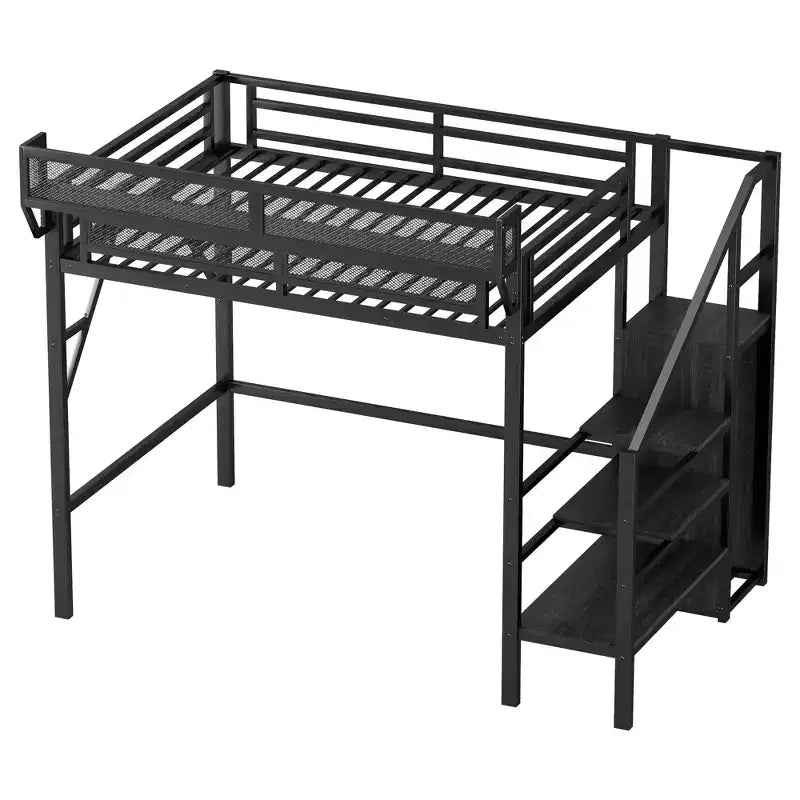 Lit mezzanine 94 po simple avec armoire, lit simple avec étagères de rangement et panier, cadres de lit pour chambre à coucher, dortoir