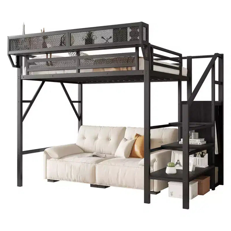 Lit mezzanine 94 po simple avec armoire, lit simple avec étagères de rangement et panier, cadres de lit pour chambre à coucher, dortoir