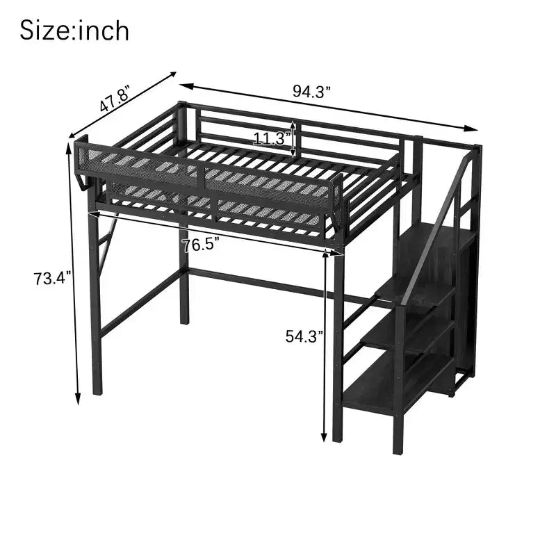 Lit mezzanine 94 po simple avec armoire, lit simple avec étagères de rangement et panier, cadres de lit pour chambre à coucher, dortoir