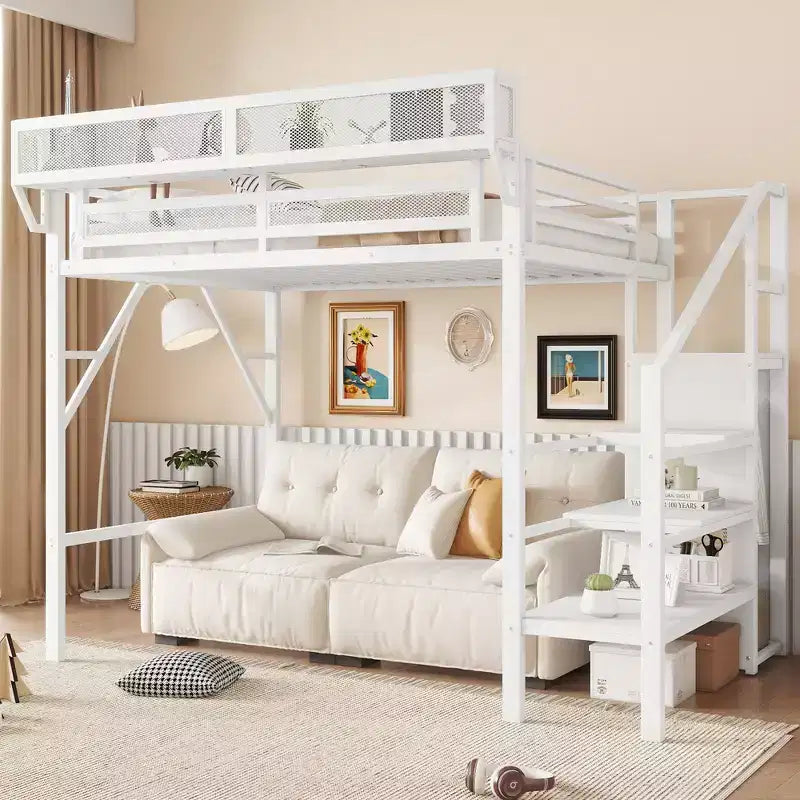 Lit mezzanine 94 po simple avec armoire, lit simple avec étagères de rangement et panier, cadres de lit pour chambre à coucher, dortoir