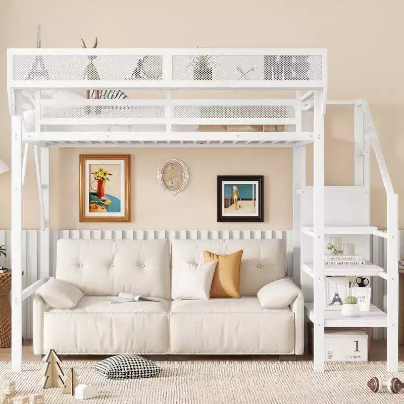 Lit mezzanine 94 po simple avec armoire, lit simple avec étagères de rangement et panier, cadres de lit pour chambre à coucher, dortoir