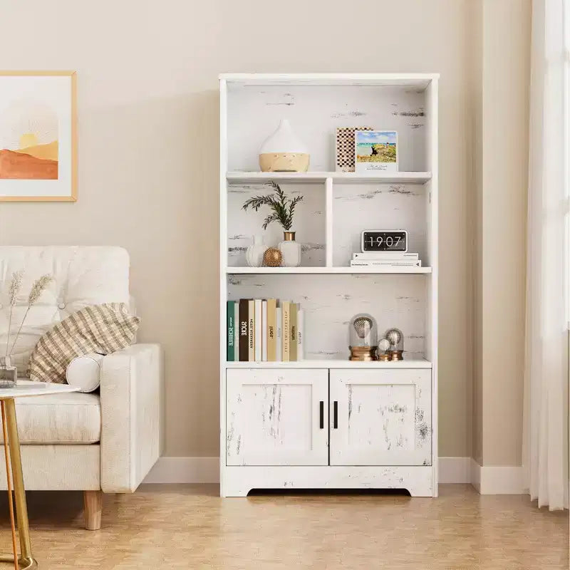 Étagère à 3 niveaux avec lumières LED et portes, bibliothèque de style ferme avec présentoir en bois pour chambre, salon, bureau