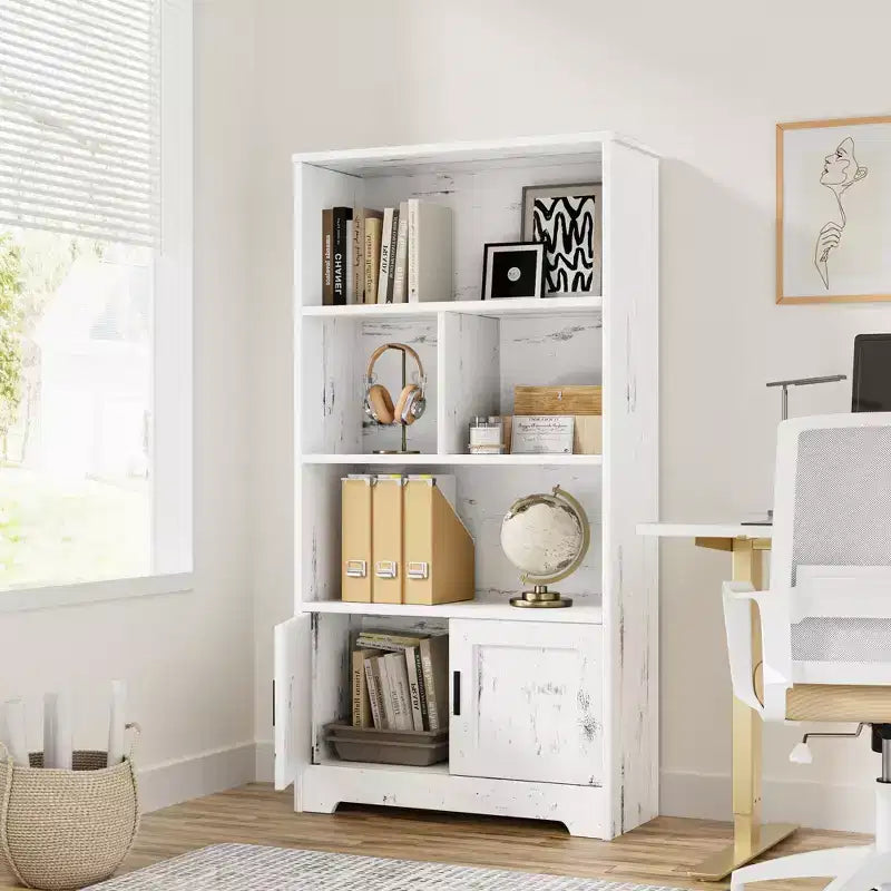 Étagère à 3 niveaux avec lumières LED et portes, bibliothèque de style ferme avec présentoir en bois pour chambre, salon, bureau