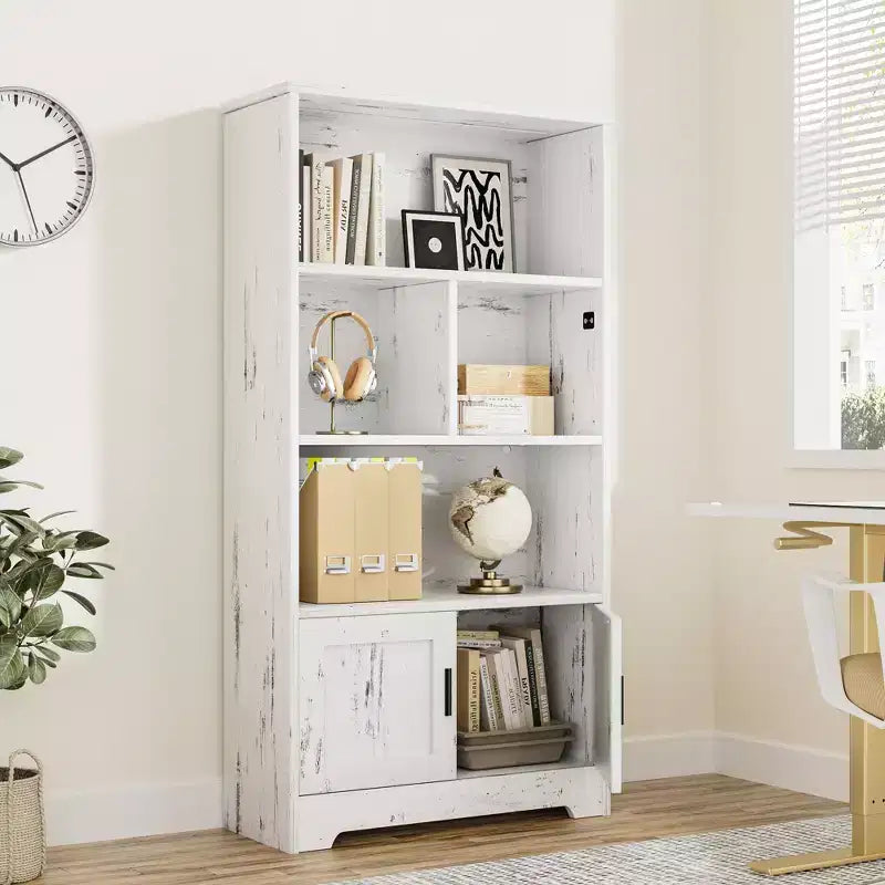 Étagère à 3 niveaux avec lumières LED et portes, bibliothèque de style ferme avec présentoir en bois pour chambre, salon, bureau