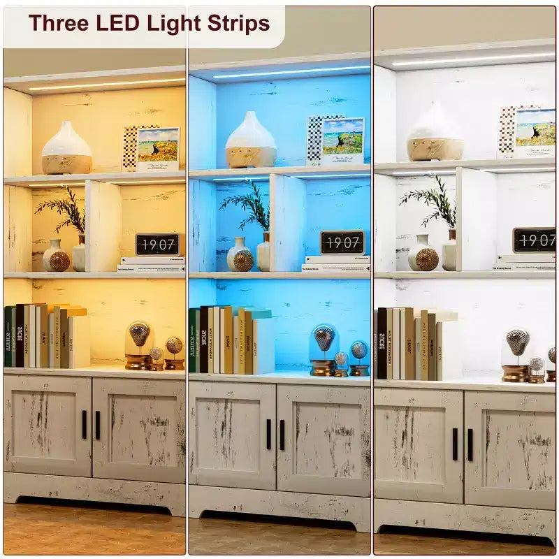 Étagère à 3 niveaux avec lumières LED et portes, bibliothèque de style ferme avec présentoir en bois pour chambre, salon, bureau