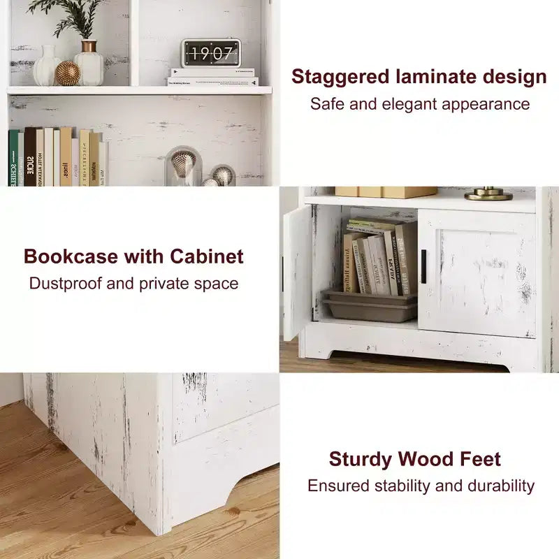 Étagère à 3 niveaux avec lumières LED et portes, bibliothèque de style ferme avec présentoir en bois pour chambre, salon, bureau