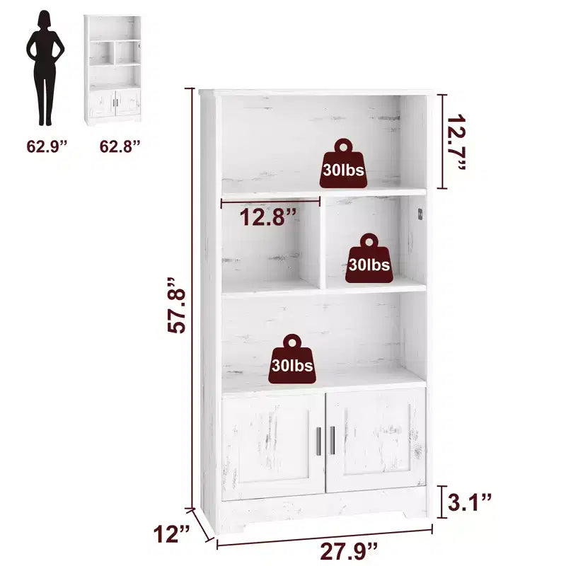 Étagère à 3 niveaux avec lumières LED et portes, bibliothèque de style ferme avec présentoir en bois pour chambre, salon, bureau