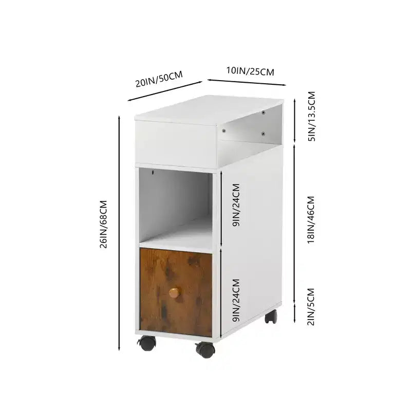 Meuble de classement mobile, classeur vertical roulant avec tiroir et étagères de rangement double face, organisateur de dossiers en bois Blanc/Marron