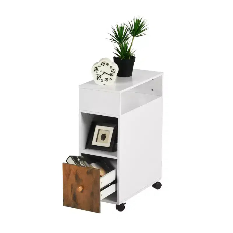 Meuble de classement mobile, classeur vertical roulant avec tiroir et étagères de rangement double face, organisateur de dossiers en bois Blanc/Marron