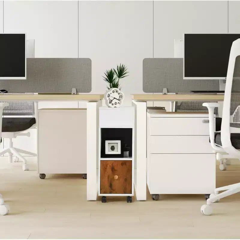Meuble de classement mobile, classeur vertical roulant avec tiroir et étagères de rangement double face, organisateur de dossiers en bois Blanc/Marron