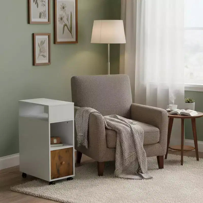 Meuble de classement mobile, classeur vertical roulant avec tiroir et étagères de rangement double face, organisateur de dossiers en bois Blanc/Marron
