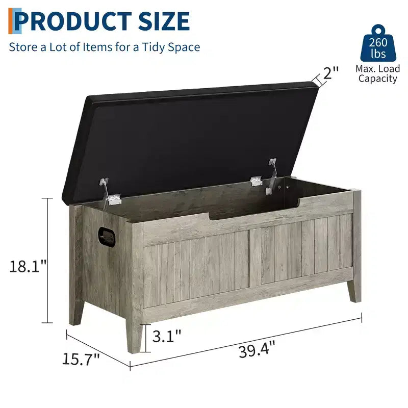 Banc de rangement de 99,06 cm avec plateau relevable et coussin, banc à chaussures en bois pour entrée avec 2 charnières de sécurité, coffre de rangement de 118 kg pour chambre à coucher