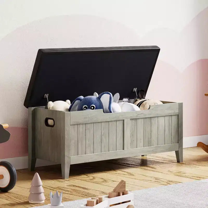 Banc de rangement de 99,06 cm avec plateau relevable et coussin, banc à chaussures en bois pour entrée avec 2 charnières de sécurité, coffre de rangement de 118 kg pour chambre à coucher