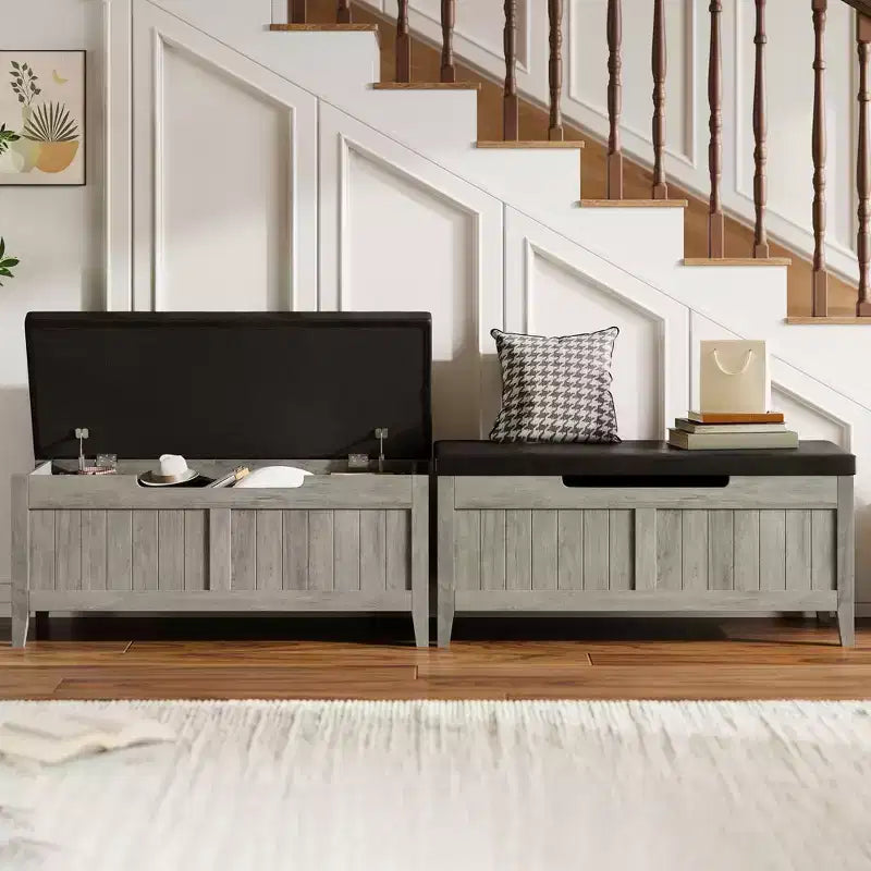 Banc de rangement de 99,06 cm avec plateau relevable et coussin, banc à chaussures en bois pour entrée avec 2 charnières de sécurité, coffre de rangement de 118 kg pour chambre à coucher