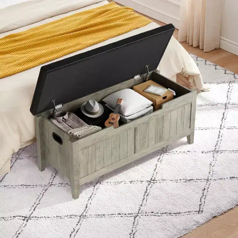 Banc de rangement de 99,06 cm avec plateau relevable et coussin, banc à chaussures en bois pour entrée avec 2 charnières de sécurité, coffre de rangement de 118 kg pour chambre à coucher