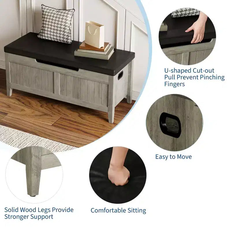 Banc de rangement de 99,06 cm avec plateau relevable et coussin, banc à chaussures en bois pour entrée avec 2 charnières de sécurité, coffre de rangement de 118 kg pour chambre à coucher