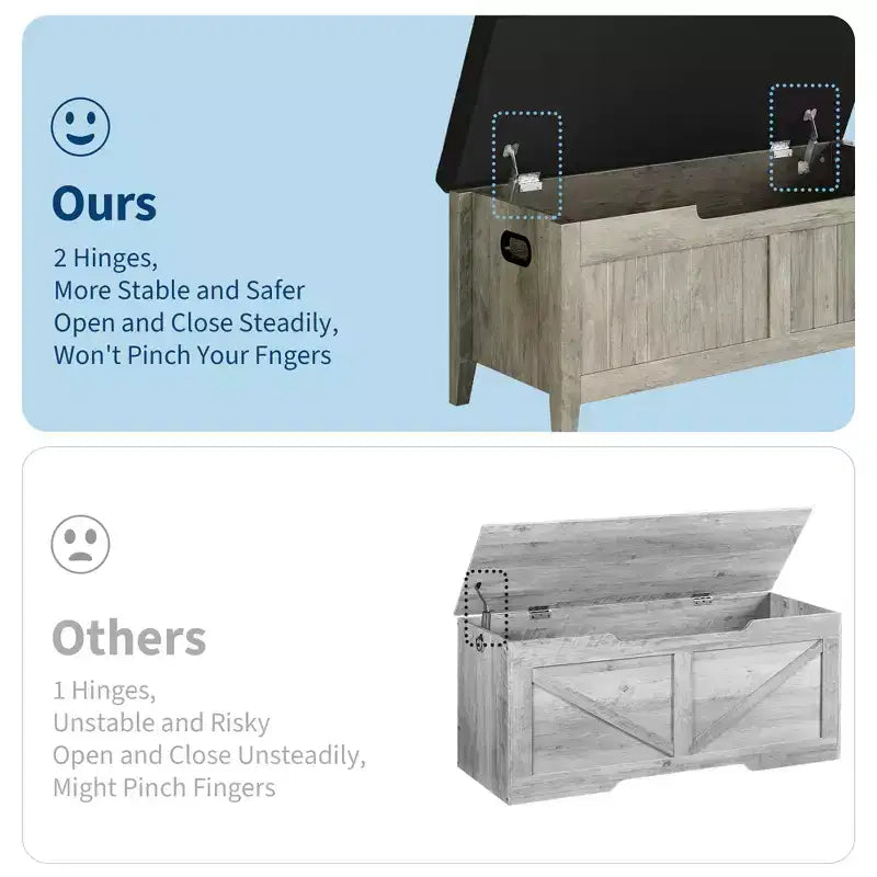 Banc de rangement de 99,06 cm avec plateau relevable et coussin, banc à chaussures en bois pour entrée avec 2 charnières de sécurité, coffre de rangement de 118 kg pour chambre à coucher
