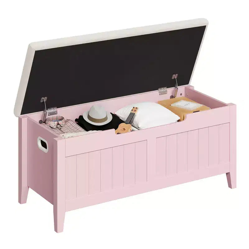 Banc de rangement de 99,06 cm avec plateau relevable et coussin, banc à chaussures en bois pour entrée avec 2 charnières de sécurité, coffre de rangement de 118 kg pour chambre à coucher