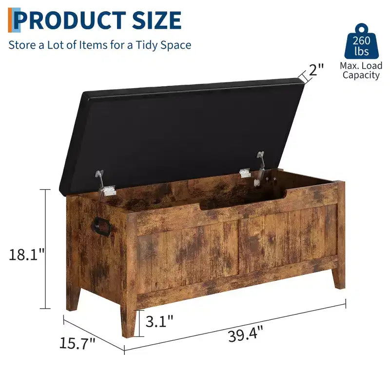 Banc de rangement de 99,06 cm avec plateau relevable et coussin, banc à chaussures en bois pour entrée avec 2 charnières de sécurité, coffre de rangement de 118 kg pour chambre à coucher