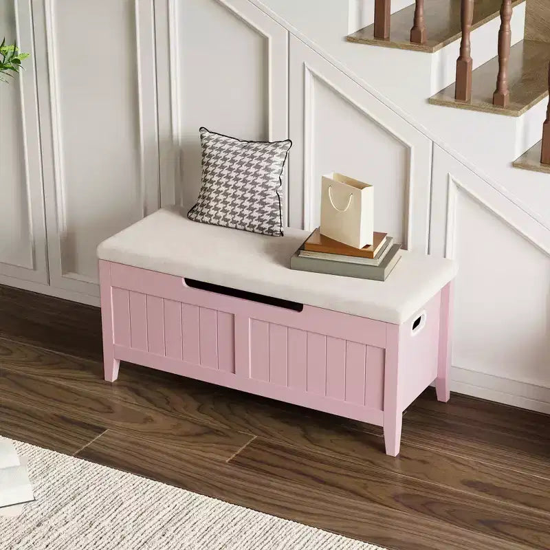 Banc de rangement de 99,06 cm avec plateau relevable et coussin, banc à chaussures en bois pour entrée avec 2 charnières de sécurité, coffre de rangement de 118 kg pour chambre à coucher