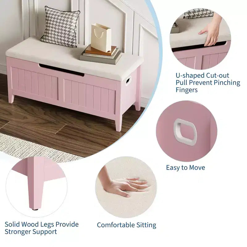 Banc de rangement de 99,06 cm avec plateau relevable et coussin, banc à chaussures en bois pour entrée avec 2 charnières de sécurité, coffre de rangement de 118 kg pour chambre à coucher