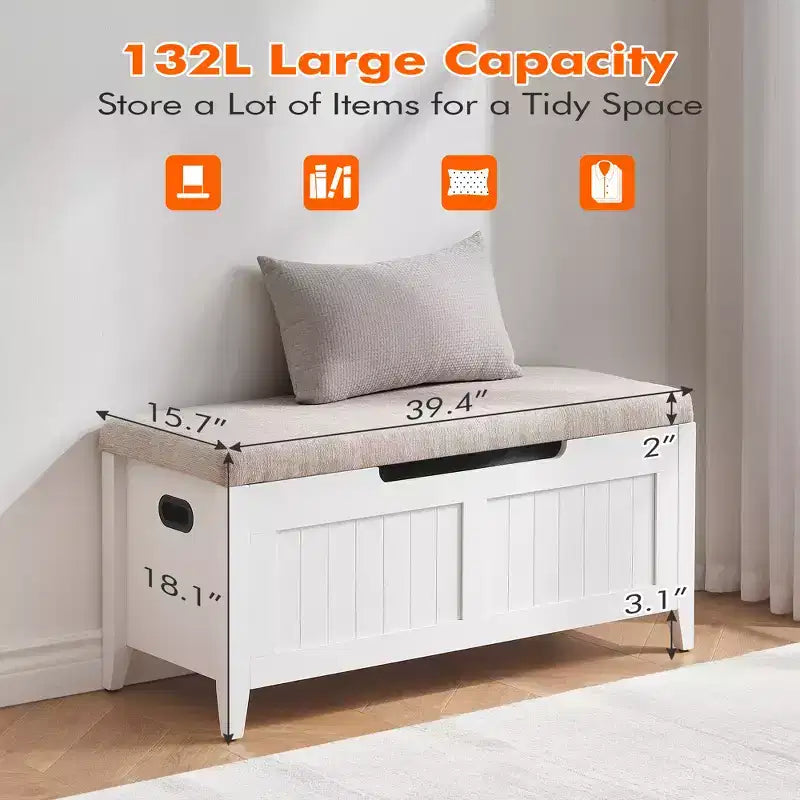Banc de rangement de 99,06 cm avec plateau relevable et coussin, banc à chaussures en bois pour entrée avec 2 charnières de sécurité, coffre de rangement de 118 kg pour chambre à coucher