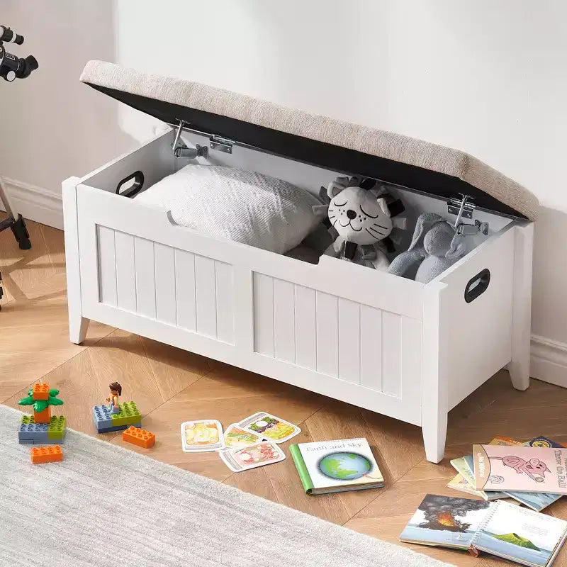Banc de rangement de 99,06 cm avec plateau relevable et coussin, banc à chaussures en bois pour entrée avec 2 charnières de sécurité, coffre de rangement de 118 kg pour chambre à coucher