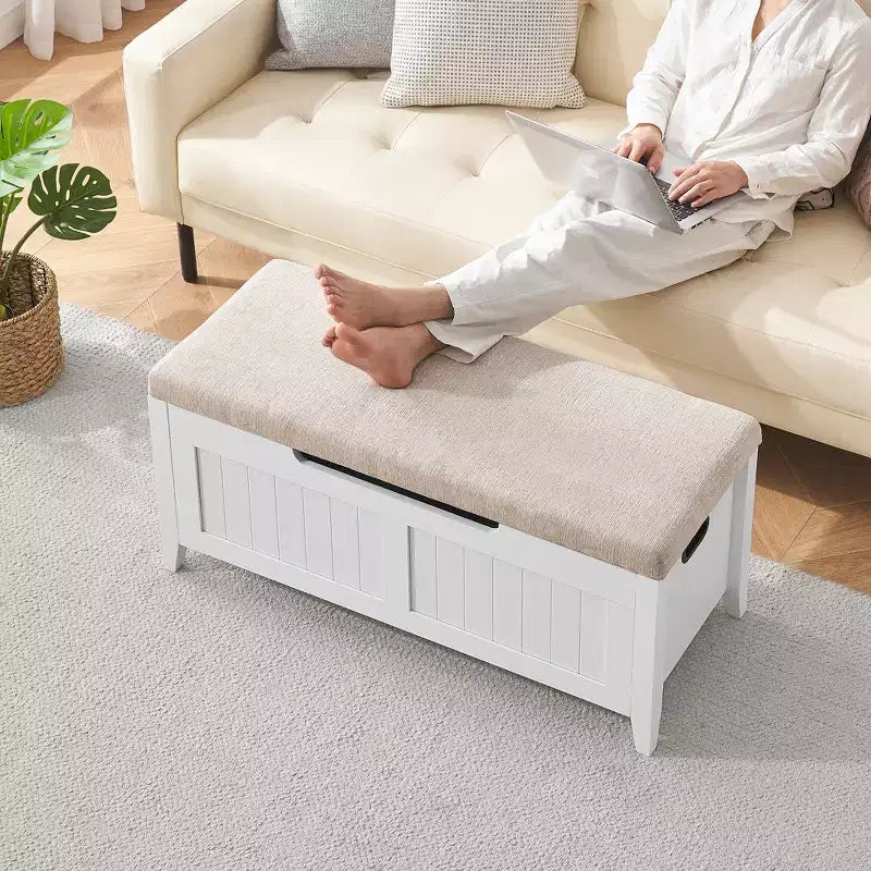 Banc de rangement de 99,06 cm avec plateau relevable et coussin, banc à chaussures en bois pour entrée avec 2 charnières de sécurité, coffre de rangement de 118 kg pour chambre à coucher