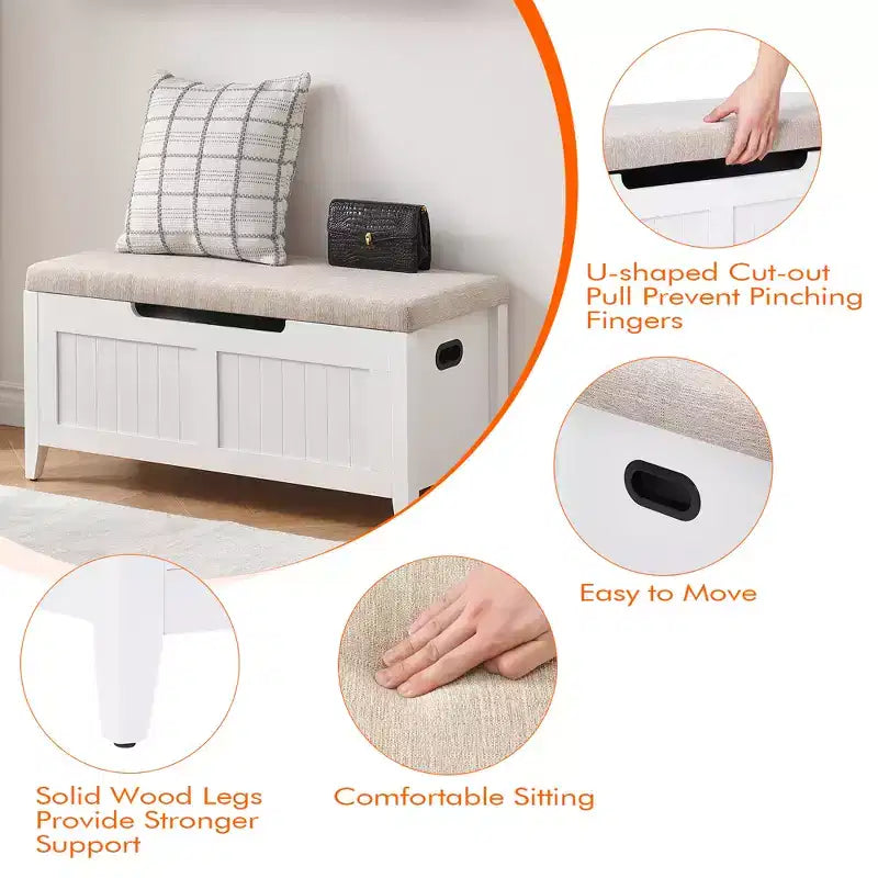 Banc de rangement de 99,06 cm avec plateau relevable et coussin, banc à chaussures en bois pour entrée avec 2 charnières de sécurité, coffre de rangement de 118 kg pour chambre à coucher