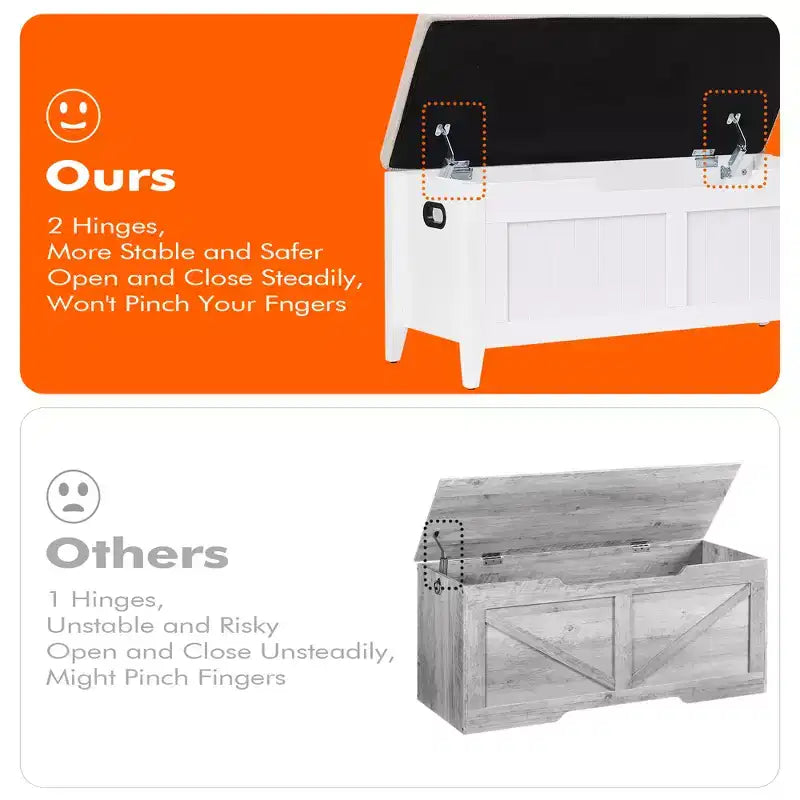 Banc de rangement de 99,06 cm avec plateau relevable et coussin, banc à chaussures en bois pour entrée avec 2 charnières de sécurité, coffre de rangement de 118 kg pour chambre à coucher