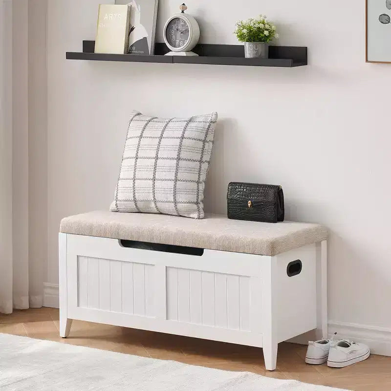 Banc de rangement de 99,06 cm avec plateau relevable et coussin, banc à chaussures en bois pour entrée avec 2 charnières de sécurité, coffre de rangement de 118 kg pour chambre à coucher