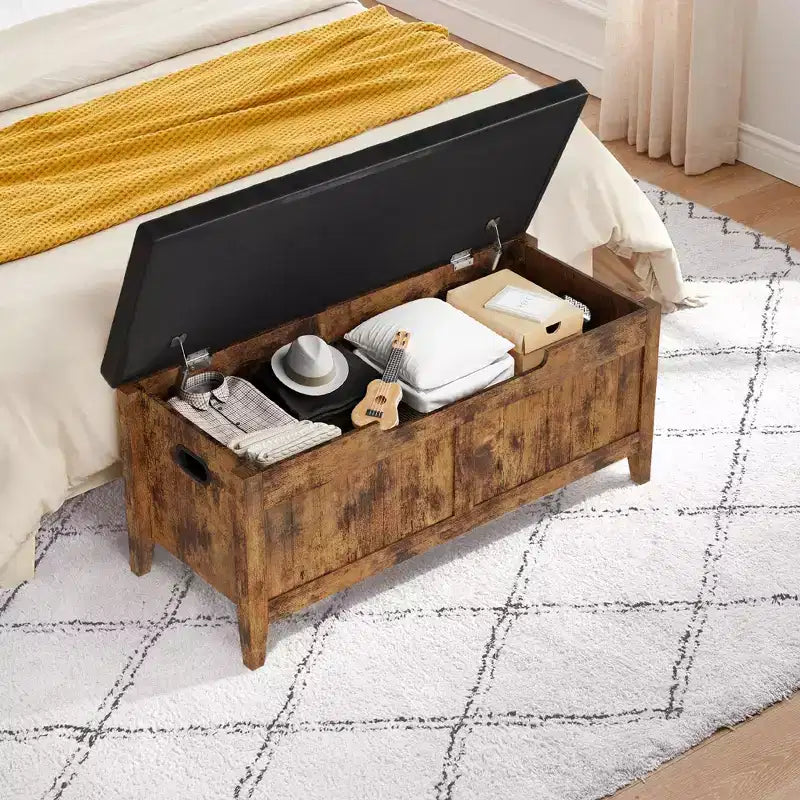 Banc de rangement de 99,06 cm avec plateau relevable et coussin, banc à chaussures en bois pour entrée avec 2 charnières de sécurité, coffre de rangement de 118 kg pour chambre à coucher