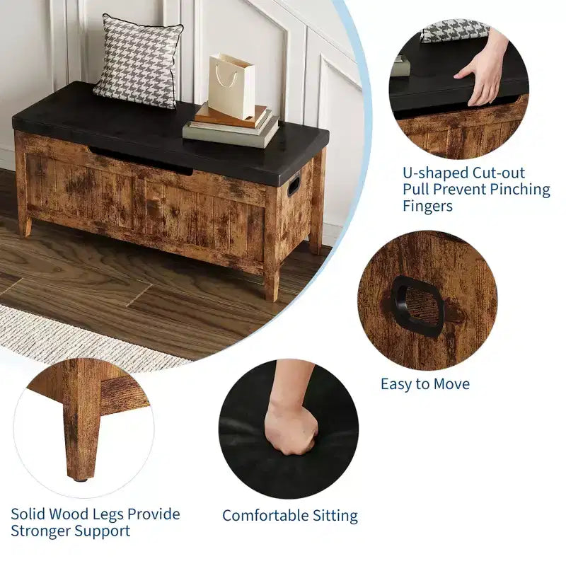 Banc de rangement de 99,06 cm avec plateau relevable et coussin, banc à chaussures en bois pour entrée avec 2 charnières de sécurité, coffre de rangement de 118 kg pour chambre à coucher