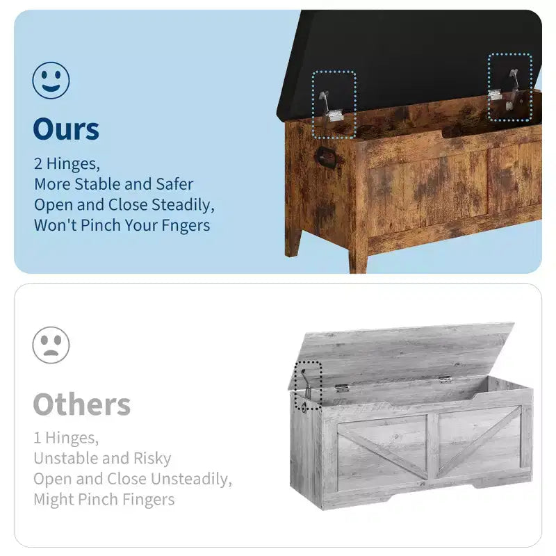 Banc de rangement de 99,06 cm avec plateau relevable et coussin, banc à chaussures en bois pour entrée avec 2 charnières de sécurité, coffre de rangement de 118 kg pour chambre à coucher
