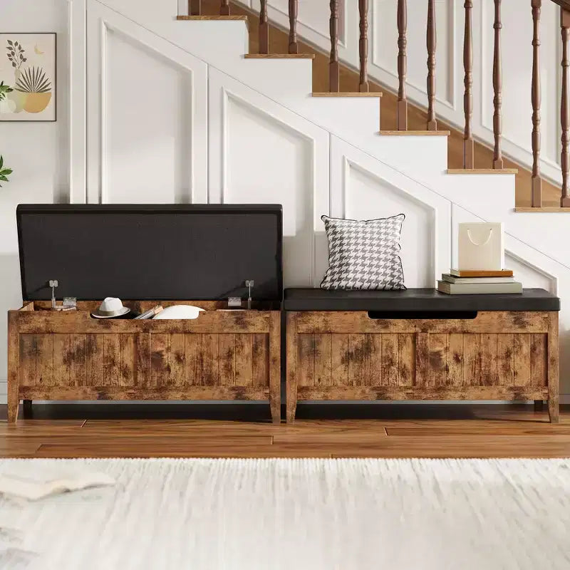 Banc de rangement de 99,06 cm avec plateau relevable et coussin, banc à chaussures en bois pour entrée avec 2 charnières de sécurité, coffre de rangement de 118 kg pour chambre à coucher