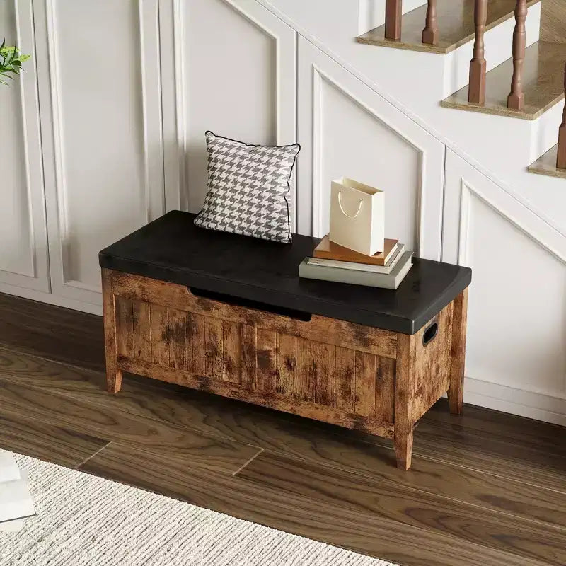 Banc de rangement de 99,06 cm avec plateau relevable et coussin, banc à chaussures en bois pour entrée avec 2 charnières de sécurité, coffre de rangement de 118 kg pour chambre à coucher