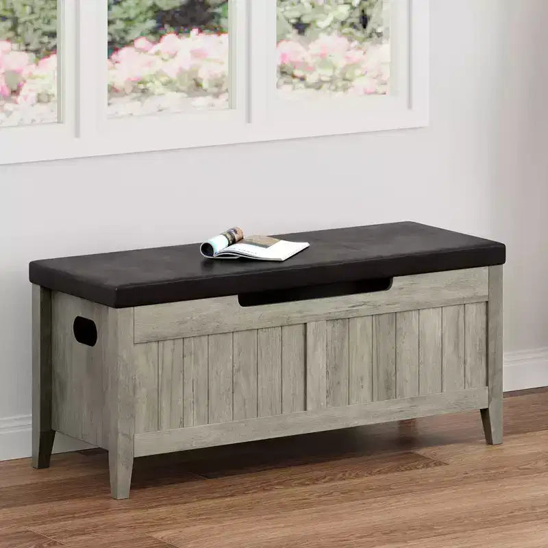 Banc de rangement de 99,06 cm avec plateau relevable et coussin, banc à chaussures en bois pour entrée avec 2 charnières de sécurité, coffre de rangement de 118 kg pour chambre à coucher