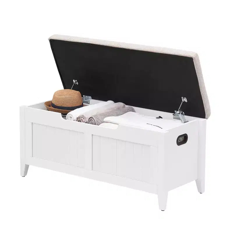 Banc de rangement de 99,06 cm avec plateau relevable et coussin, banc à chaussures en bois pour entrée avec 2 charnières de sécurité, coffre de rangement de 118 kg pour chambre à coucher
