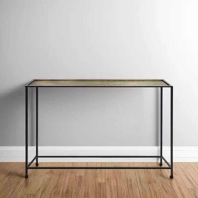 Console de canapé de 48 pouces, plateau en bronze antique martelé artisanal, structure en fer noir industriel