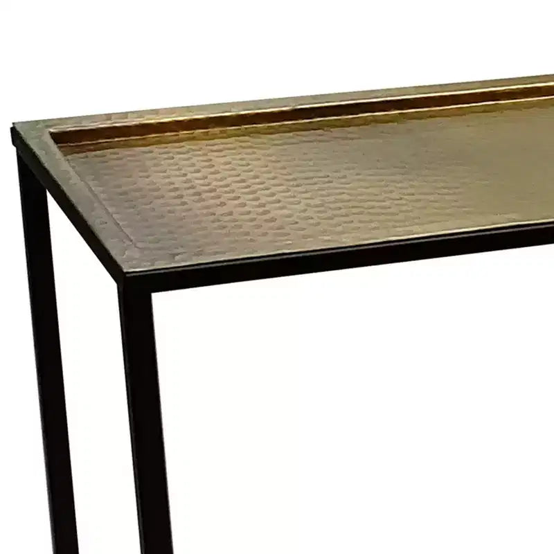 Console de canapé de 48 pouces, plateau en bronze antique martelé artisanal, structure en fer noir industriel